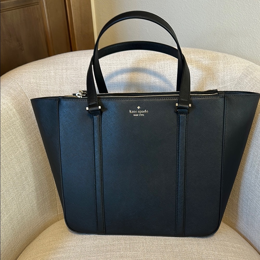 Kate Spade Black Leather Structured Tote with Gold Hardware